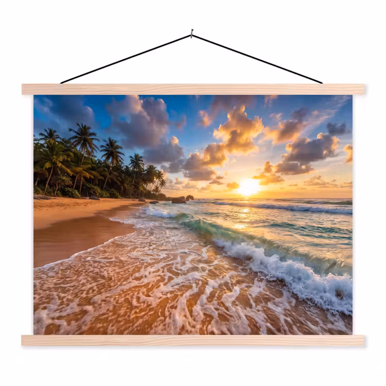Strand - Zonsondergang - Golven - Natuur - Goud textielposter latten blank klein -3d
