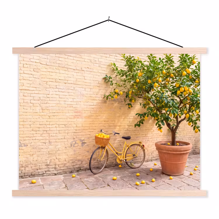 Fiets - Mand - Eten - Geel - Zomer textielposter latten blank klein -3d