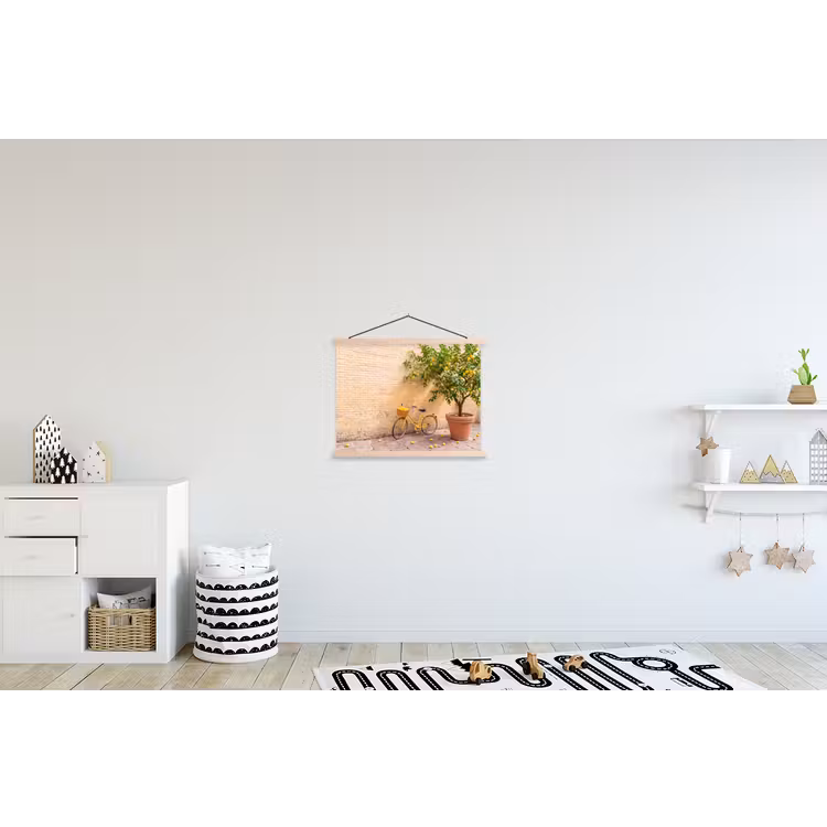 Fiets - Mand - Eten - Geel - Zomer textielposter latten blank klein -kinderkamer