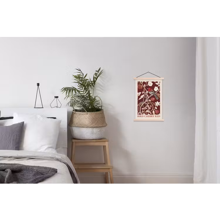 Vogel - Bordeaux - Bloemen - Bessen textielposter latten blank klein -woonkamer