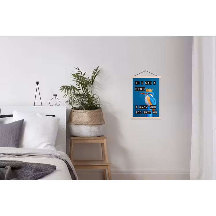 Vogel - Decoratie - Ijsvogel - Blauw textielposter latten blank klein -woonkamer