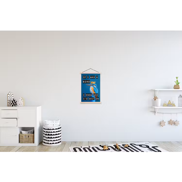 Vogel - Decoratie - Ijsvogel - Blauw textielposter latten blank klein -kinderkamer