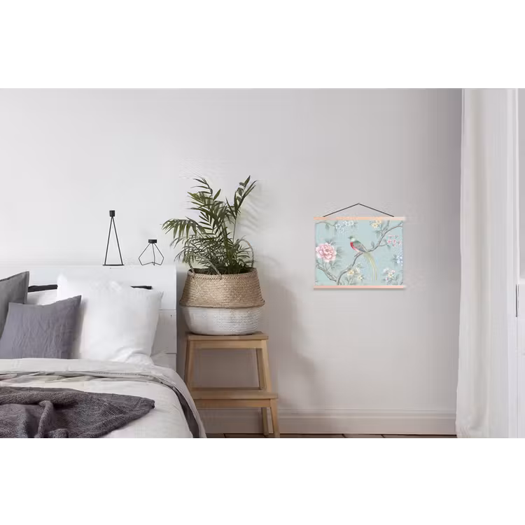 Vogel - Bloemen - Kleurrijk textielposter latten blank klein -woonkamer