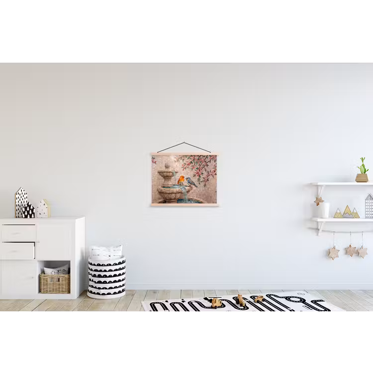 Vogel - fontein - mozaiek - kleurrijk - dieren textielposter latten blank klein -kinderkamer