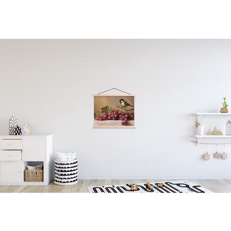Hanging Poster - Bird - Grapes - Still Life - Vogel - Druiven - Stilleven textielposter latten blank klein