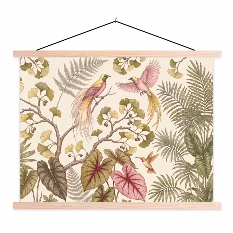 Vogels - Tropisch - Botanisch - Roze textielposter latten blank klein -3d