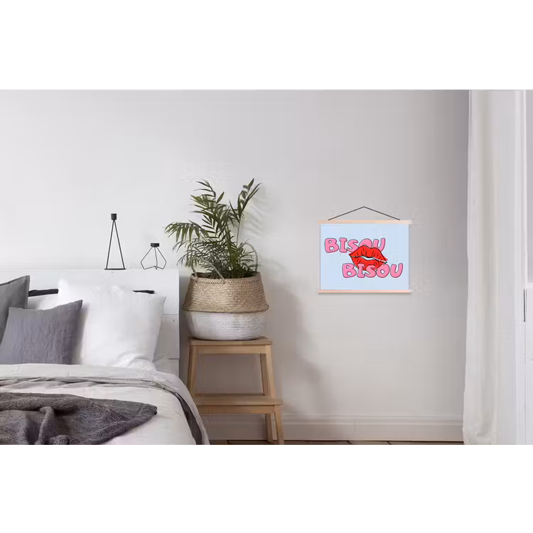 Bisou - Blauw - Roze - Lippen textielposter latten blank klein -woonkamer