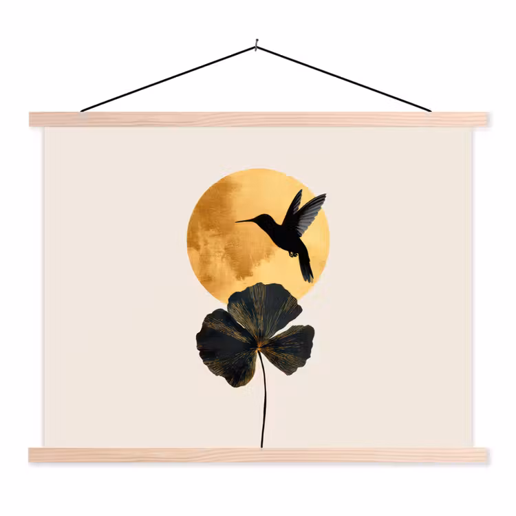 Zwarte kolibrie - Bloem - Gouden cirkel textielposter latten blank klein -3d