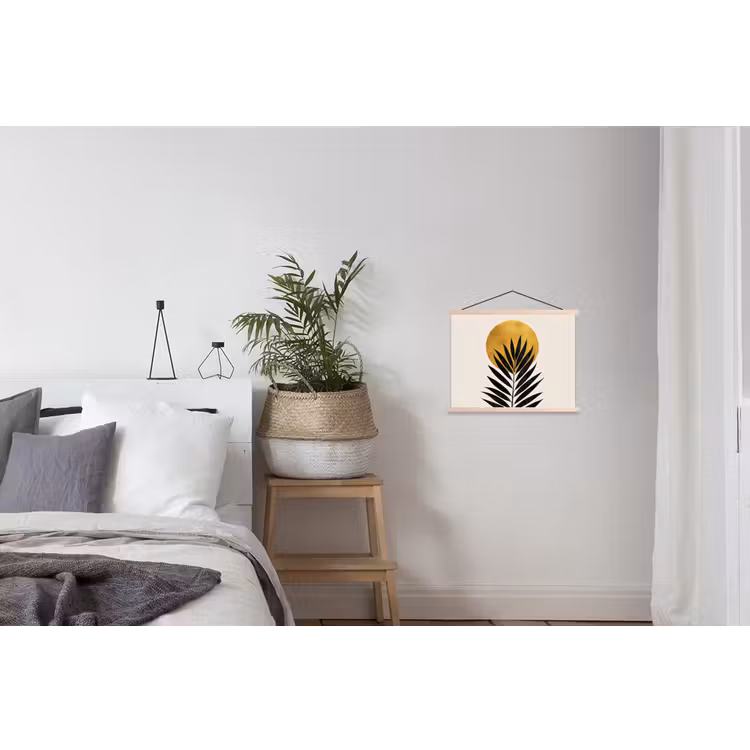 Zwart palmblad - Gouden cirkel - Beige achtergrond textielposter latten blank klein -woonkamer