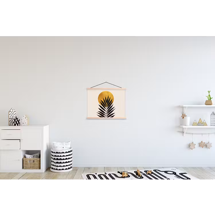 Zwart palmblad - Gouden cirkel - Beige achtergrond textielposter latten blank klein -kinderkamer