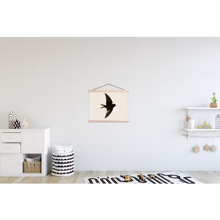 Zwarte zwaluw - Gouden accenten - Lichte achtergrond textielposter latten blank klein -kinderkamer