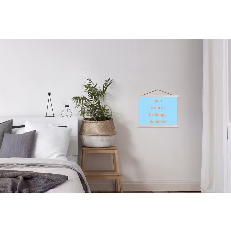 Blauw - Oranje - Just want to be happy & naked textielposter latten blank klein -woonkamer