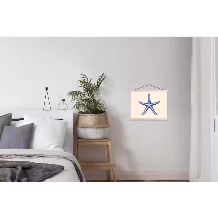 Blauwe zeester - Minimalistisch - Beige textielposter latten blank klein -woonkamer