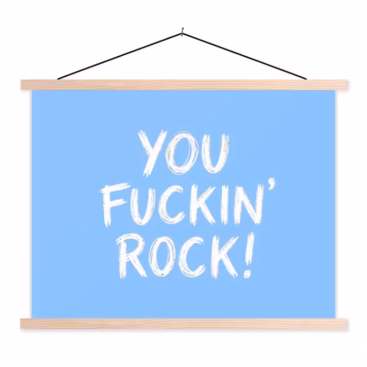 Blauw - Wit - You fuckin rock textielposter latten blank klein -3d