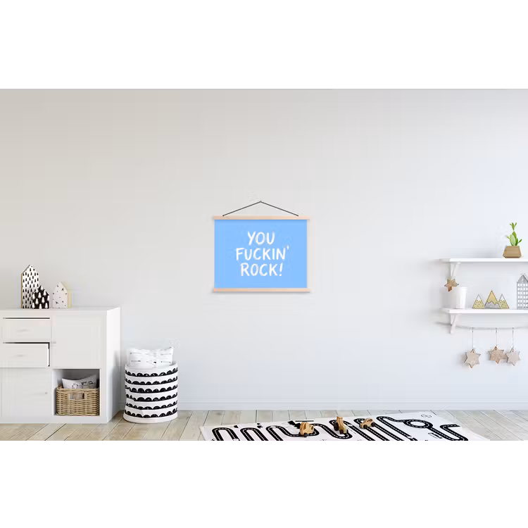 Blauw - Wit - You fuckin rock textielposter latten blank klein -kinderkamer