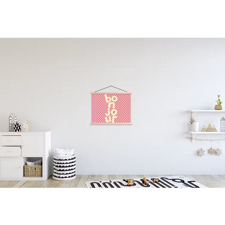 Bonjour - Stippen - Roze- Geel textielposter latten blank klein -kinderkamer