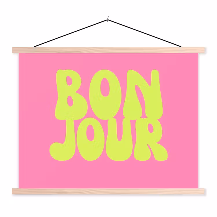 Bonjour - Roze - Fel groen textielposter latten blank klein -3d