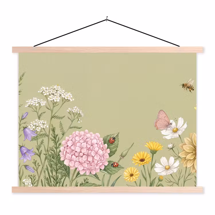 Botanisch - Bloemen - Kleurrijk textielposter latten blank klein -3d