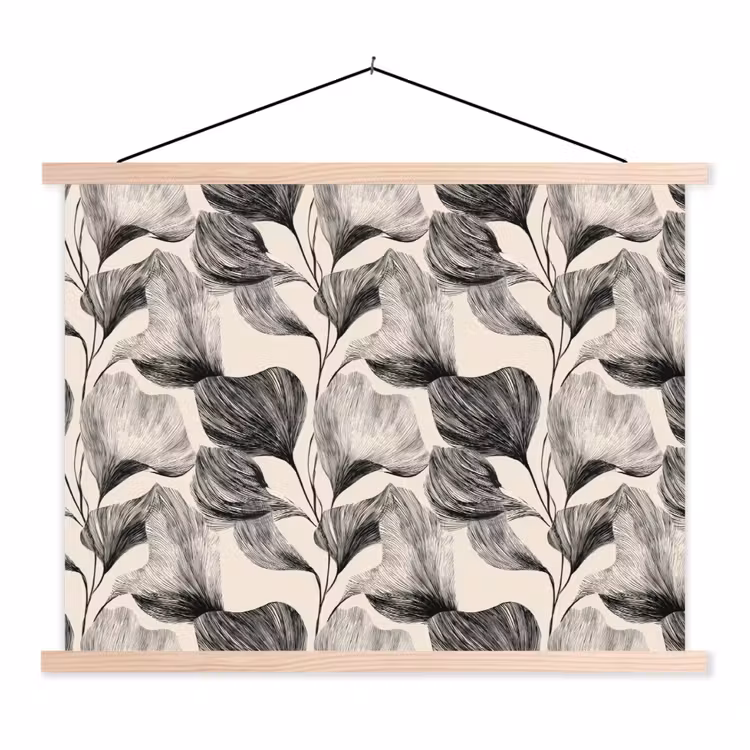 Botanisch - Bladeren - Zwart textielposter latten blank klein 122 -3d