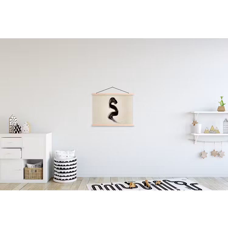 Penseelstreek - Zwart - Minimalistisch textielposter latten blank klein -kinderkamer