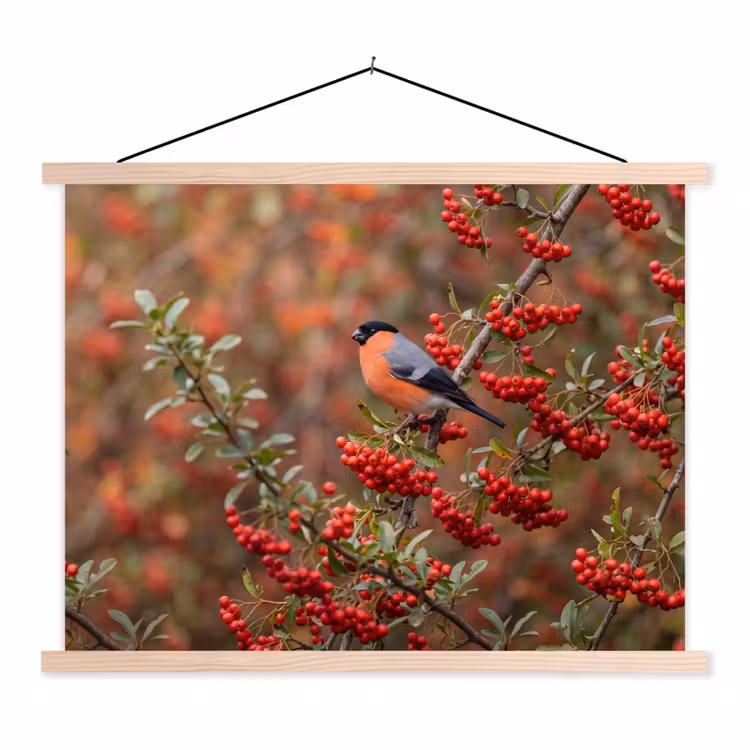 Goudvink - Bessen - Herfst - Natuur - Kleurrijk textielposter latten blank klein -3d