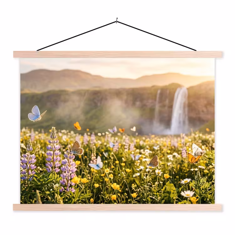 Vlinders - Waterval - Bloemenveld textielposter latten blank klein -3d