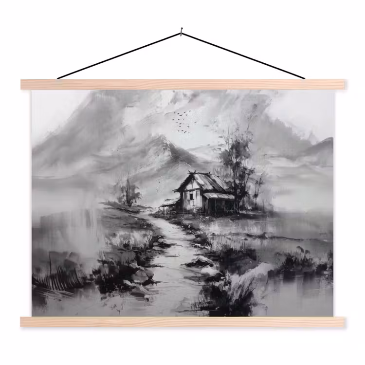 Hut - Grijs - Bergen - Mistig textielposter latten blank klein -3d