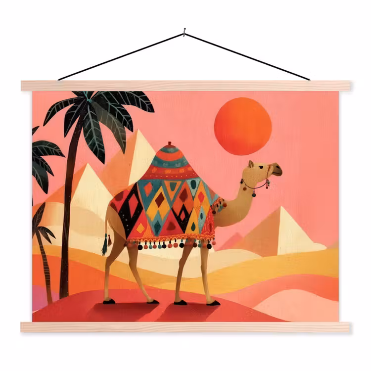 Kameel - Pyramides - Rode zon textielposter latten blank klein -3d