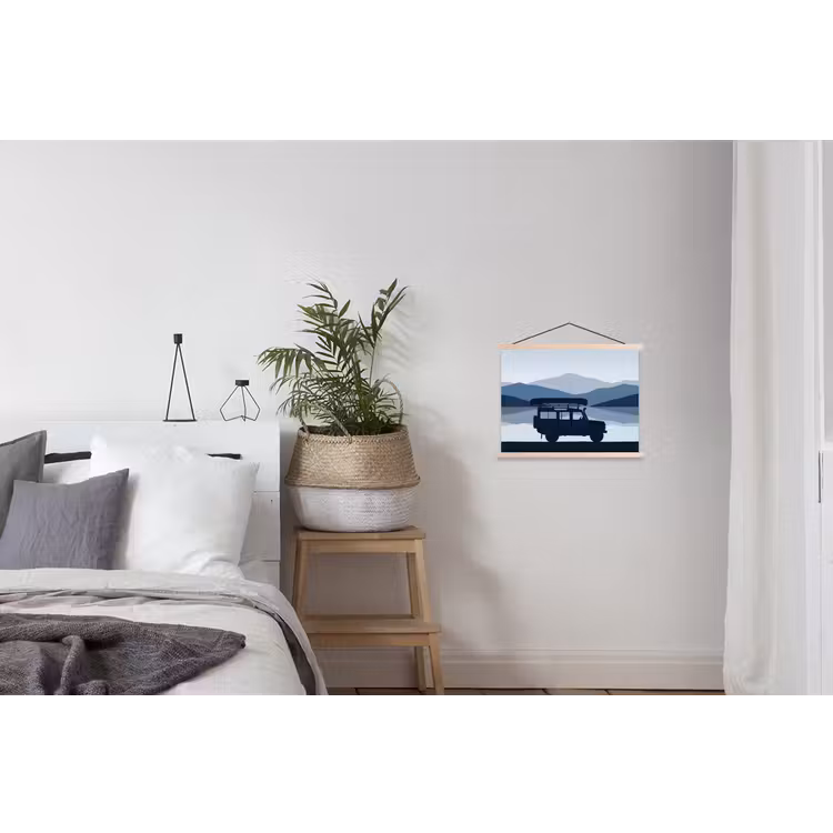 Auto - Meer - Bergen - Blauw textielposter latten blank klein -woonkamer