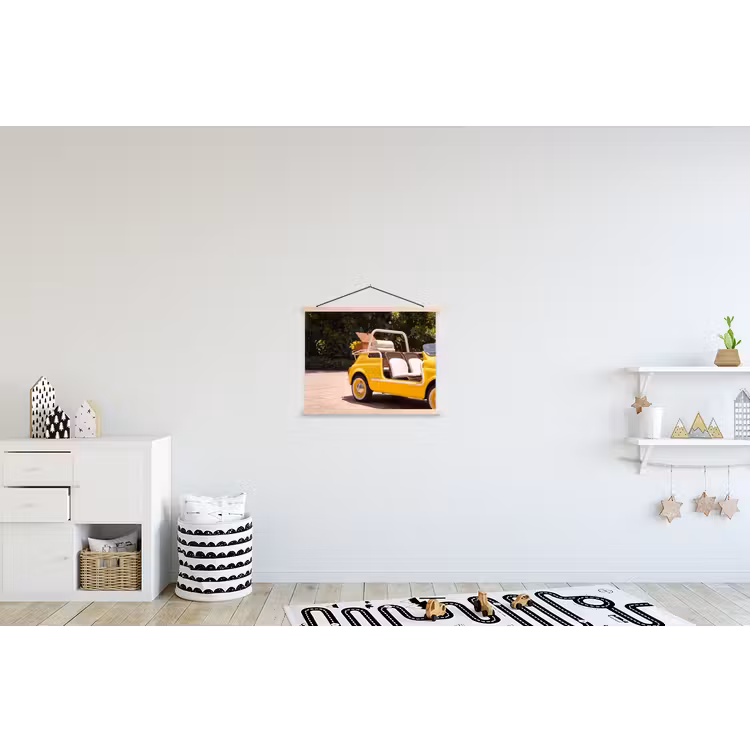 Auto - Picknick - Zomer - Geel textielposter latten blank klein -kinderkamer