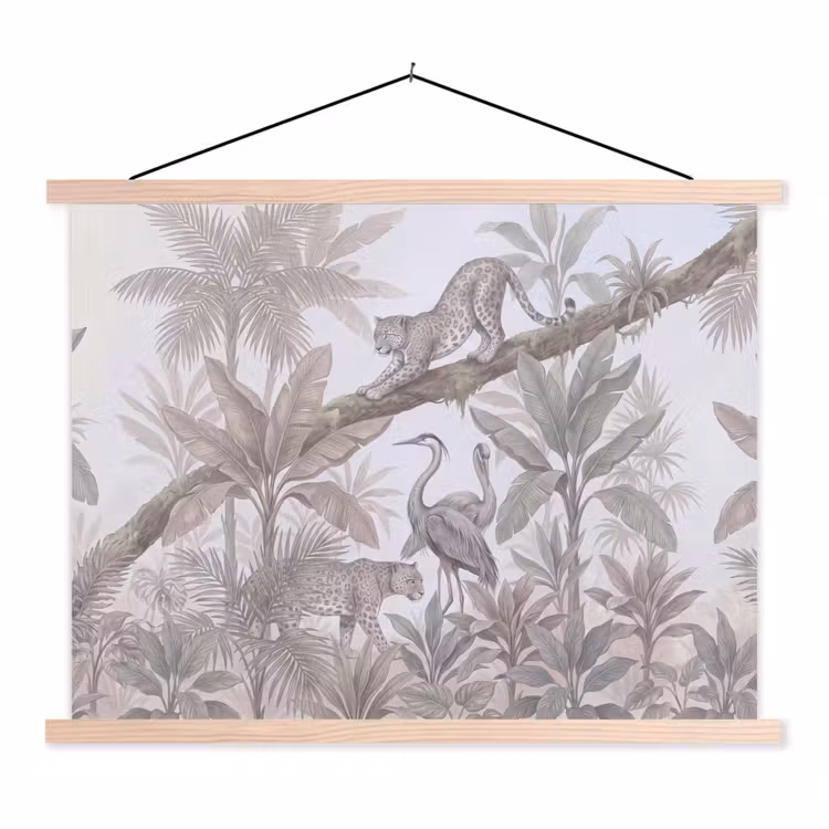 Kat - Vogel - Jungle - Illustratie - Dieren textielposter latten blank klein -3d