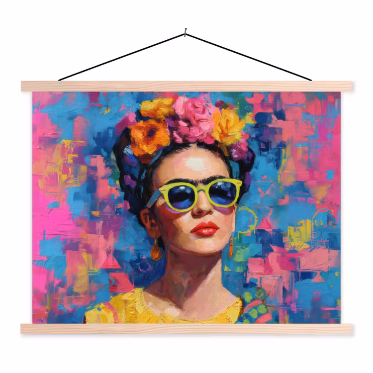 Vrolijk portret - Vrouw - Bloemenkroon textielposter latten blank klein -3d