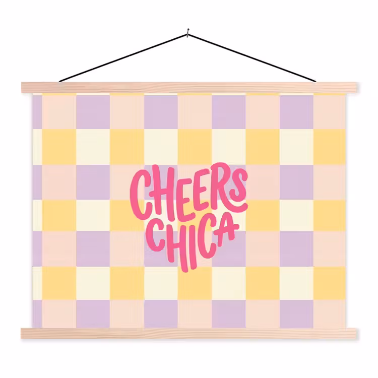 Cheers Chica - Ruitjes - Lila - Geel textielposter latten blank klein -3d