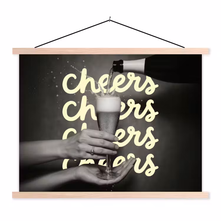 Cheers - Wijn - Zwart - Wit textielposter latten blank klein -3d