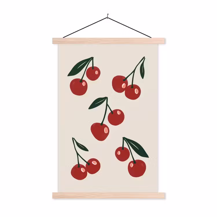 Kersen - Blaadjes - Rood textielposter latten blank klein -3d