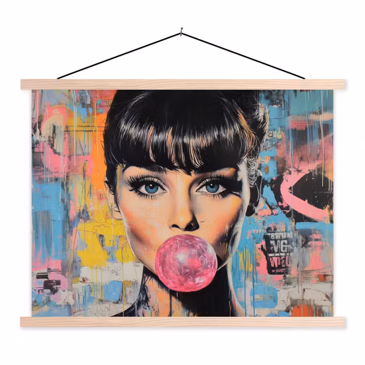 Kauwgom - Vrouw - Penseelstreken - Modern textielposter latten blank klein -3d