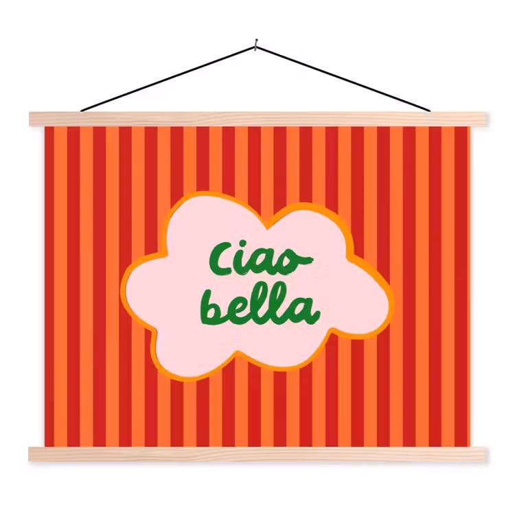 Ciao bella - Tekstwolk - Strepen - Oranje textielposter latten blank klein -3d