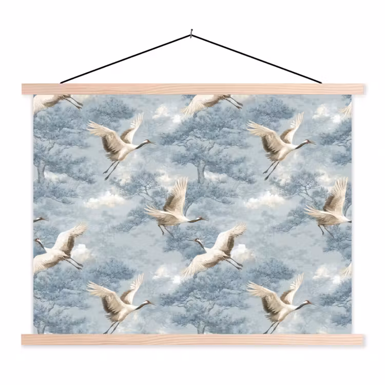 Wolken - Kraanvogels - Blauw textielposter latten blank klein 122 -3d