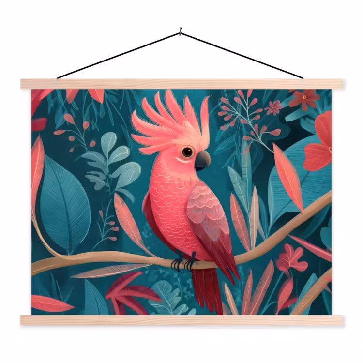Kaketoe - Tropische bladeren - Tak textielposter latten blank klein -3d