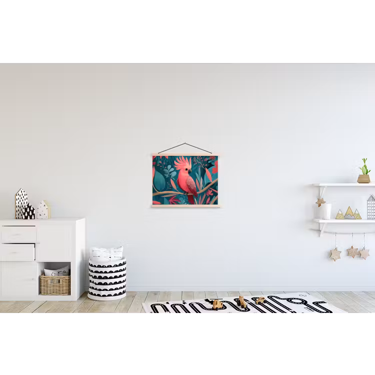 Kaketoe - Tropische bladeren - Tak textielposter latten blank klein -kinderkamer