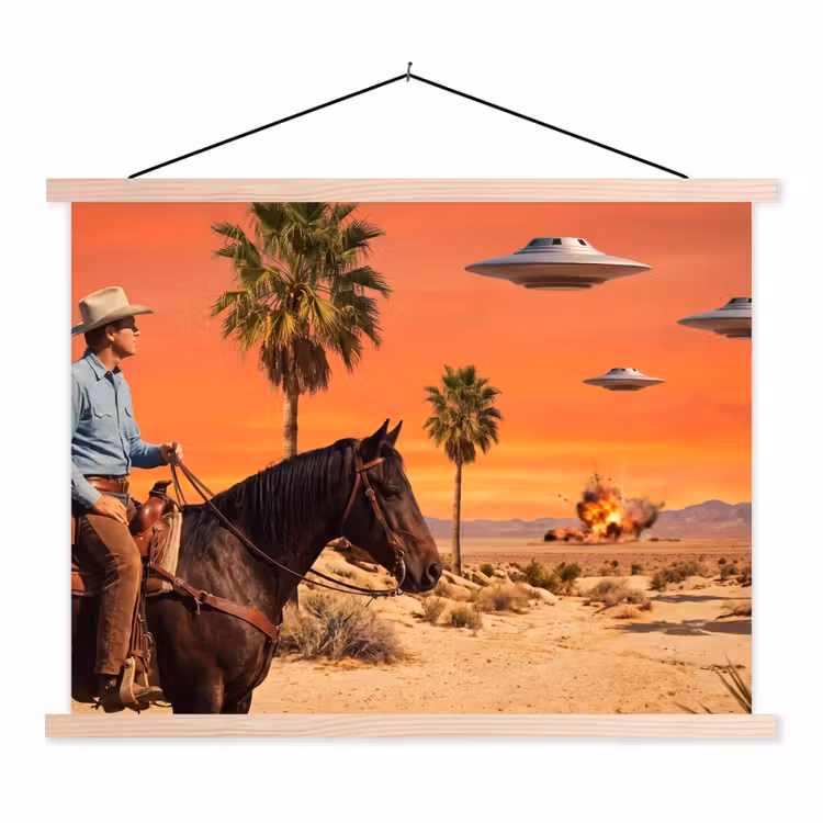 Hanging Poster - Cowboy - Horse - Desert - Cowboy - Paard - Woestijn textielposter latten blank klein