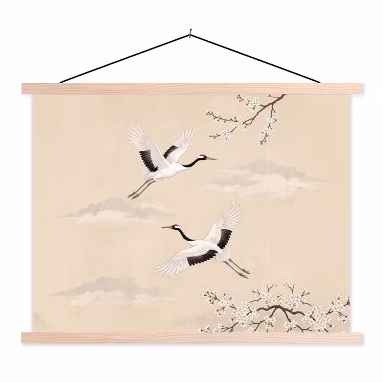 Kraanvogels - Bloesem - Beige textielposter latten blank klein -3d