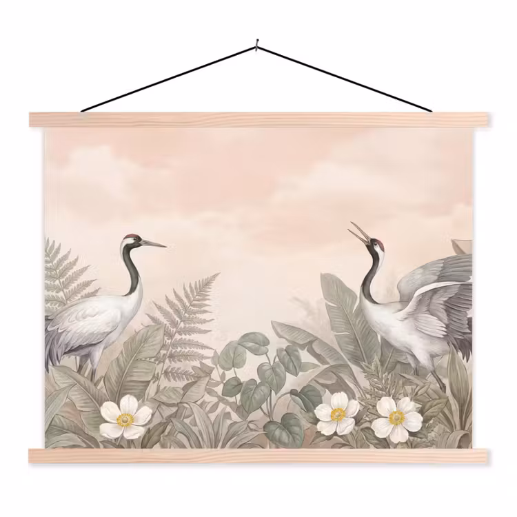 Kraanvogels - Natuur - Roze textielposter latten blank klein -3d