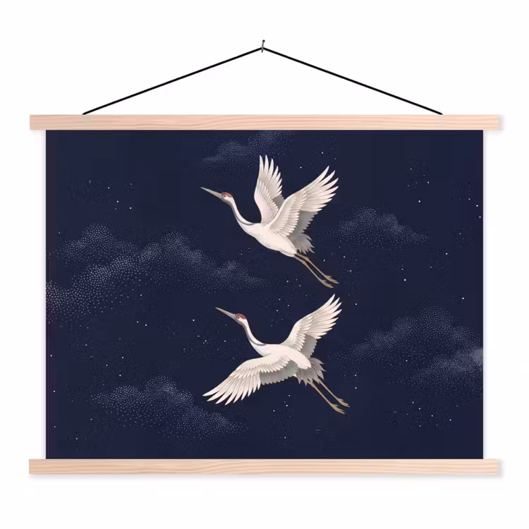 Kraanvogels - Nachthemel - Blauw textielposter latten blank klein -3d