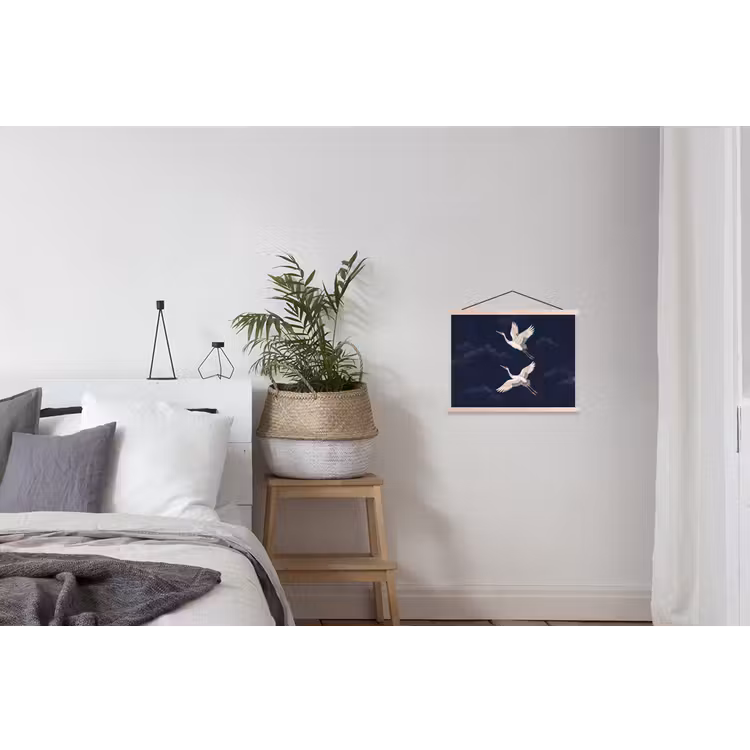Kraanvogels - Nachthemel - Blauw textielposter latten blank klein -woonkamer