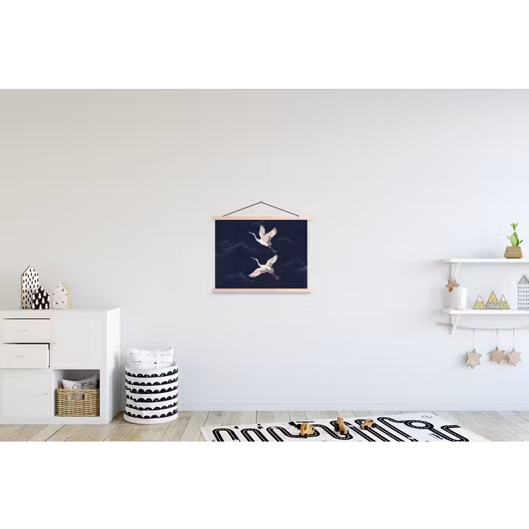 Kraanvogels - Nachthemel - Blauw textielposter latten blank klein -kinderkamer