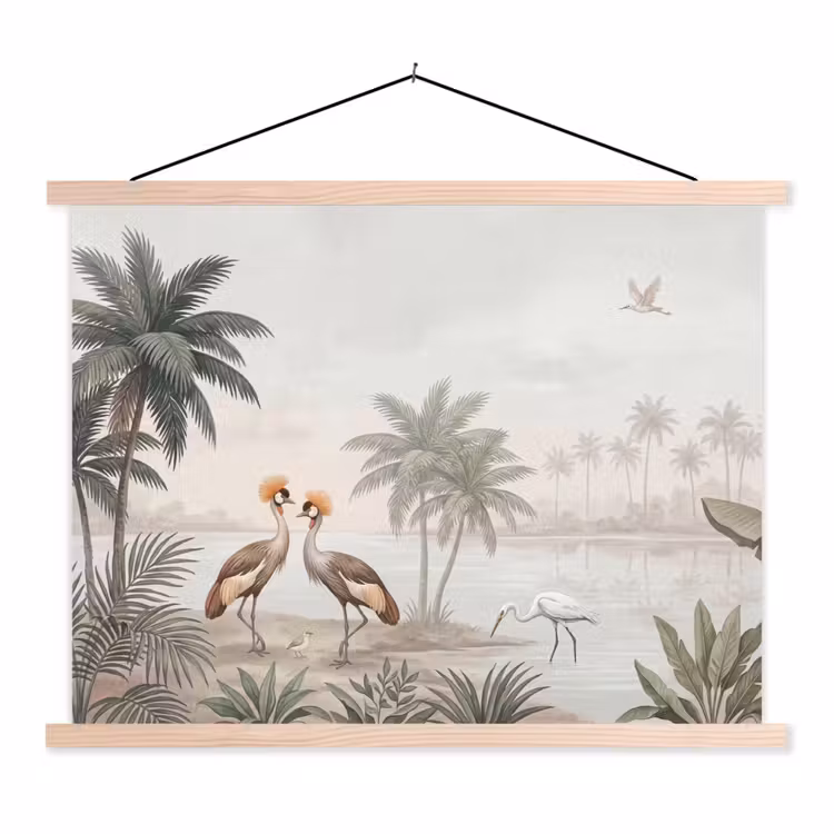 Kraanvogels - Palmbomen - Tropisch textielposter latten blank klein -3d