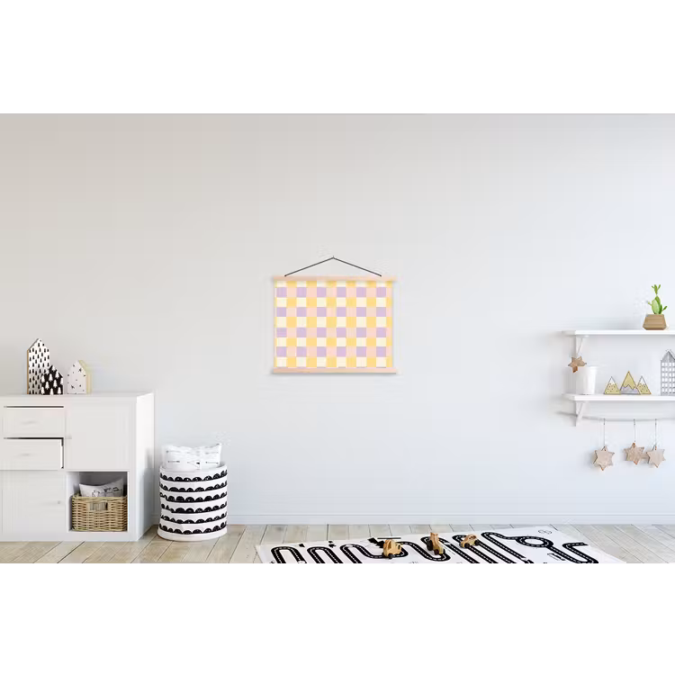 Blokjes - Lila - Geel textielposter latten blank klein 122 -kinderkamer