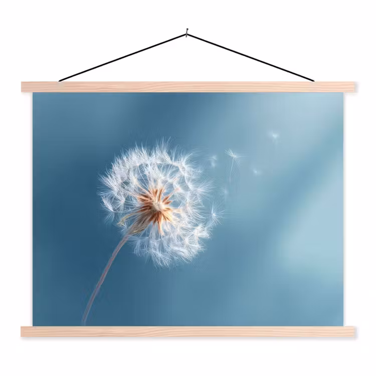 Paardenbloem - Wind - Blauw textielposter latten blank klein -3d