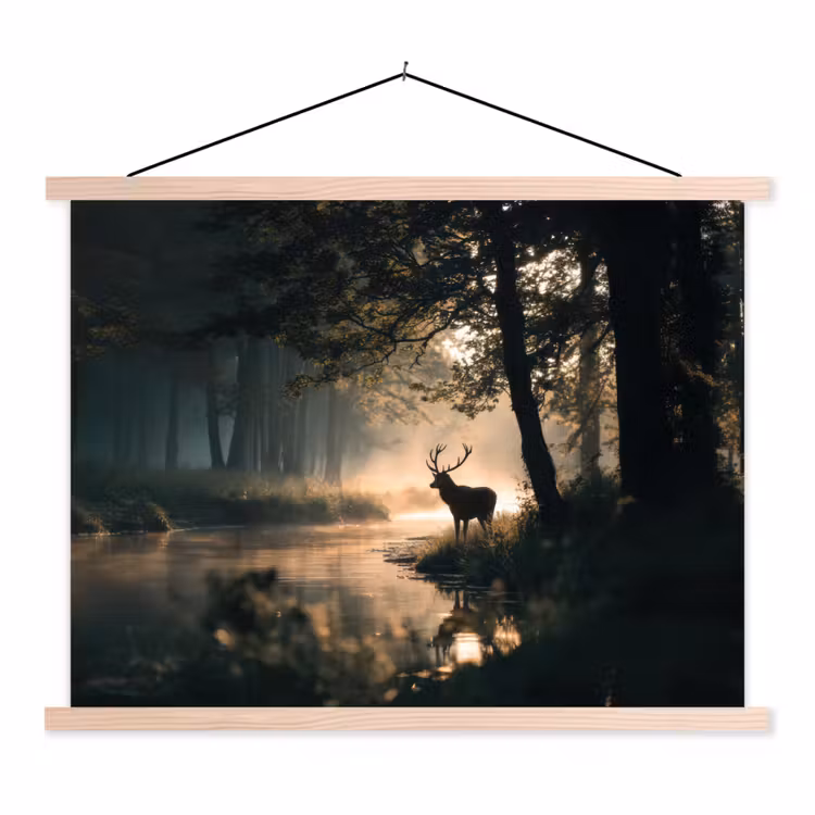 Hert - Bosbeek - Mystiek textielposter latten blank klein -3d